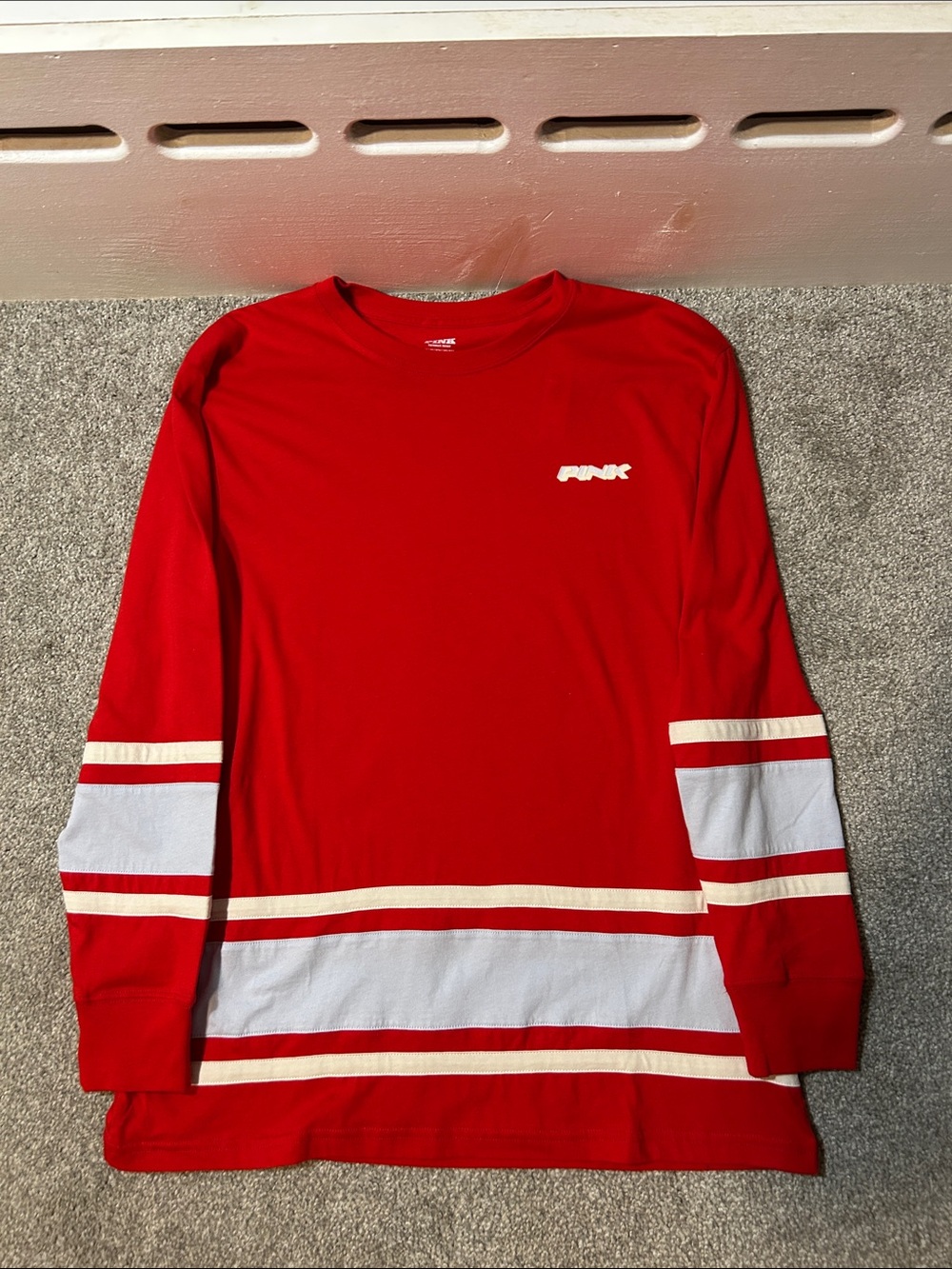 PINK Varsity Crew Neck Long Sleeve Stripe LongSleeve T